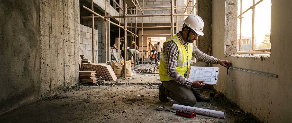 A surveyor checking measurements against a printed schedule on site