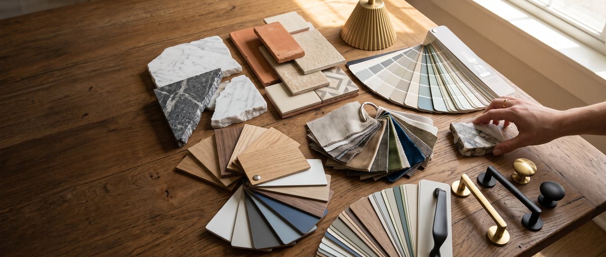 Stone, tile, timber and hardware samples laid out for selection