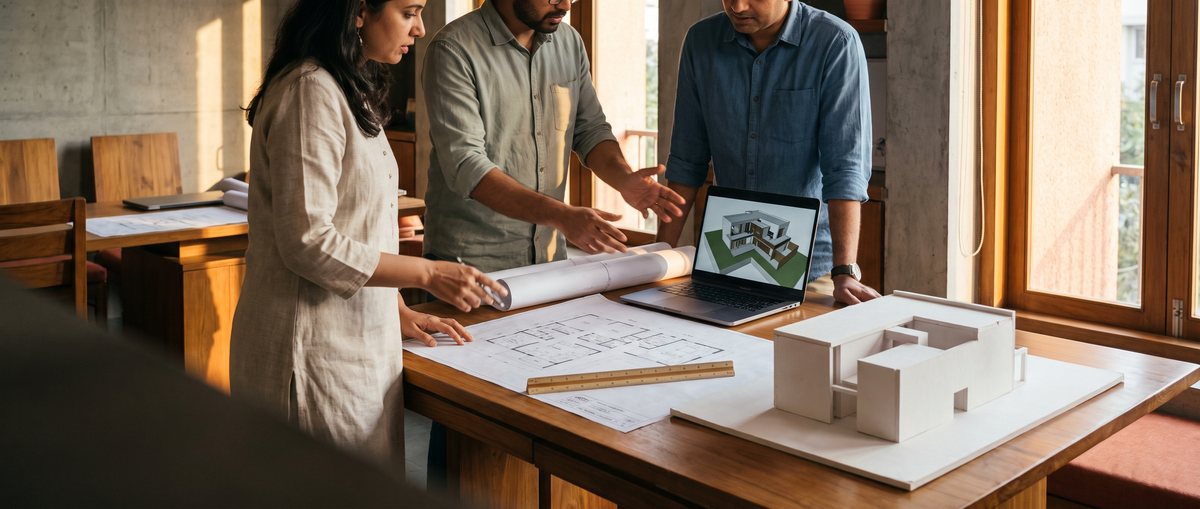 Architects reviewing drawings and a study model in a studio