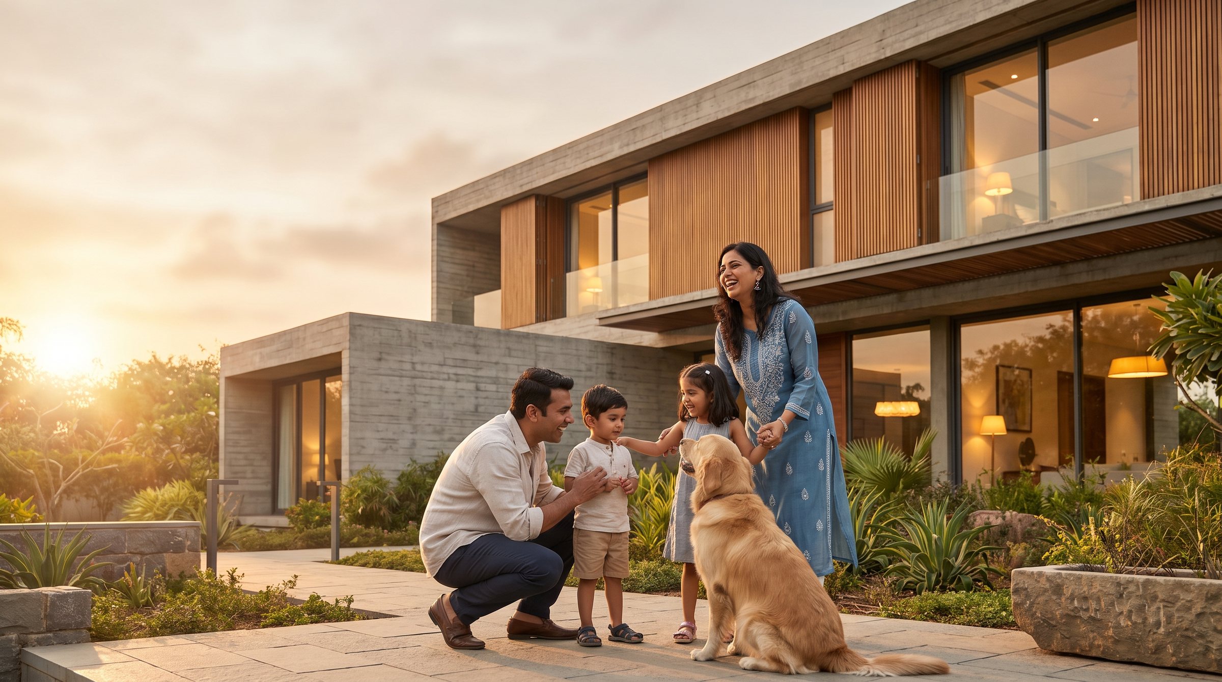A family outside their newly finished house at dusk